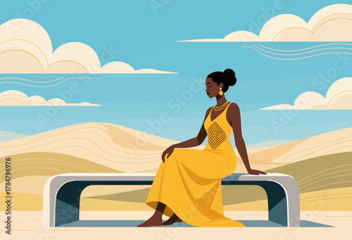 Elegant Woman in Yellow Dress Sitting on Bench