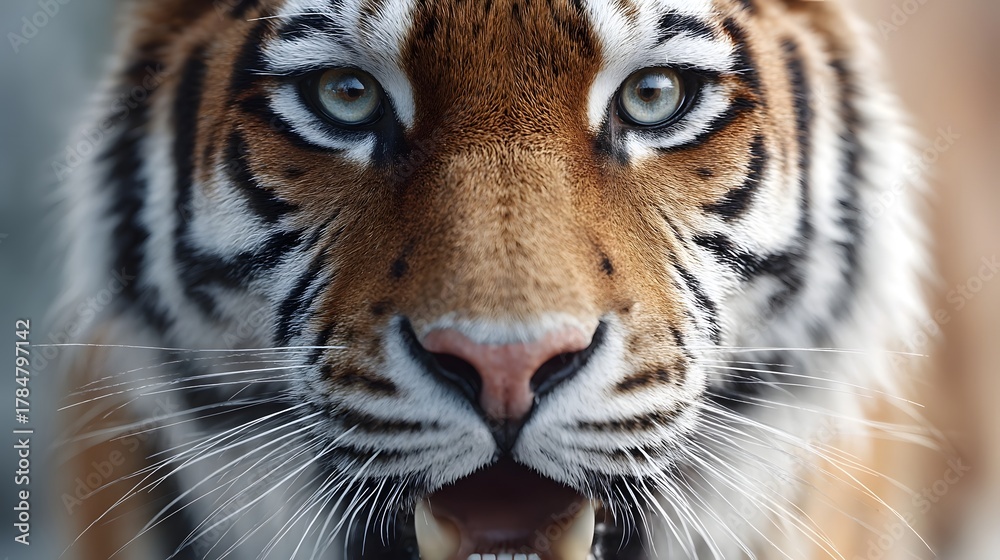 Fototapeta premium Intense close up portrait of a wild tiger s face highlighting its striking blue eyes detailed orange and black striped fur powerful jaw with visible teeth and prominent whiskers