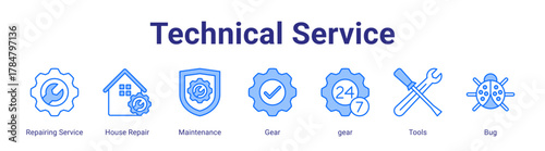 Technical Service web icon vector illustration concept with icon of Repairing Service,House Repair,Maintenance,Gear,gear,Tools,Bug