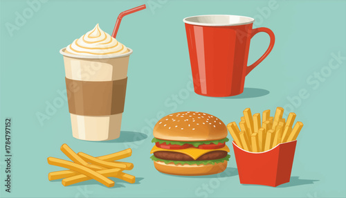 Fast food combo featuring burger fries drink and coffee