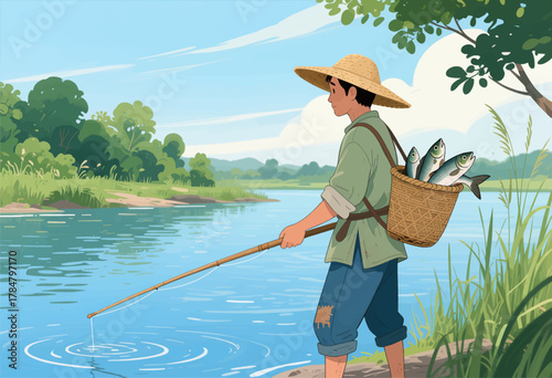 Fisherman casting line with basket of catch