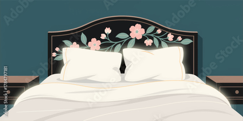 Floral Headboard Bed With Two Pillows And White Duvet