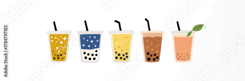 Five colorful bubble tea drinks with straws and toppings