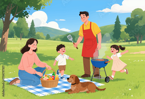 Family Picnic with Grilling Dog in Park