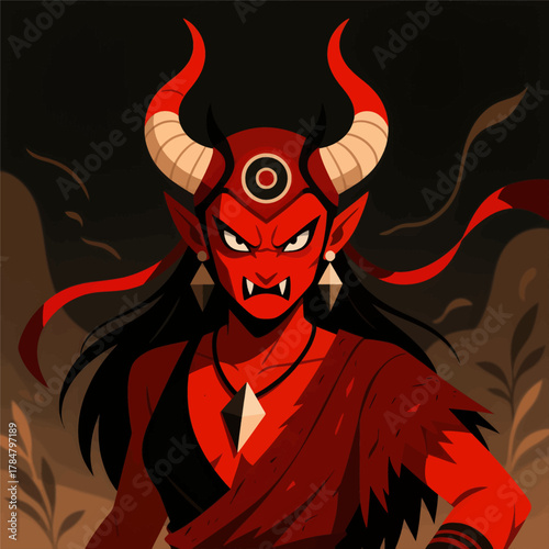 Fiery Demon With Horns And Sharp Fangs In Bold Red Design