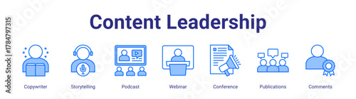 Content Leadership web icon vector illustration concept with icon of Copywriter,Storytelling,Podcast,Webinar,Conference,Publications,Comments