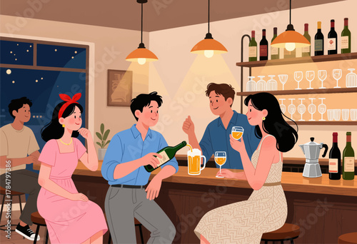 Friends enjoying drinks at cozy bar gathering