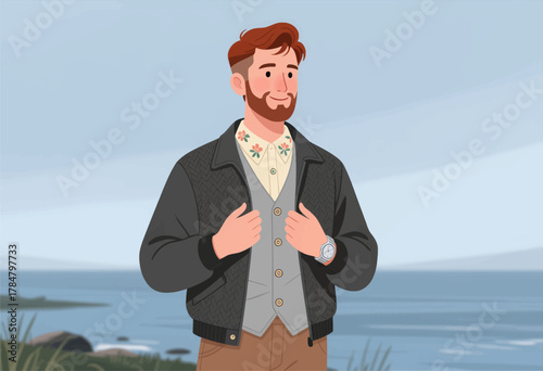 Handsome Bearded Man in Layered Outfit Adjusting Jacket