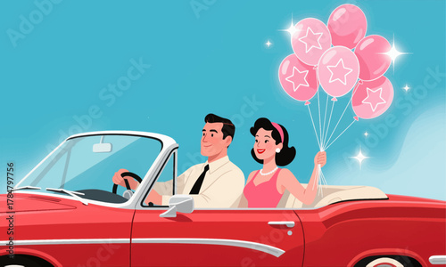 Happy Couple Driving Vintage Red Convertible with Pink Star Balloons