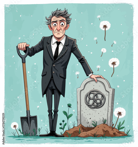 Man in suit holding shovel beside grave marker