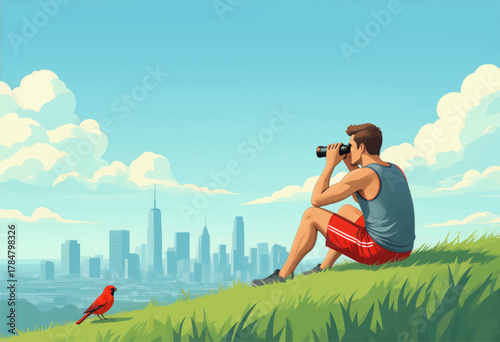 Man with binoculars observing cityscape from grassy hillside