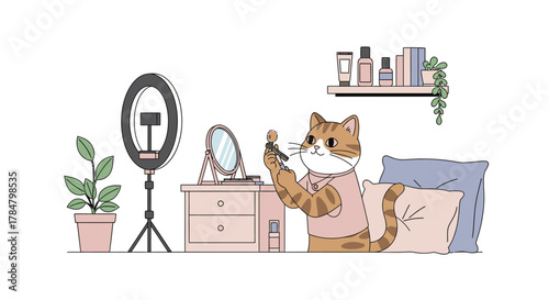 An adorable cartoon cat vlogger films a makeup tutorial with a ring light in a cozy bedroom.