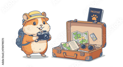 A cute hamster, wearing a hat and backpack, ready for travel with a suitcase and passport.