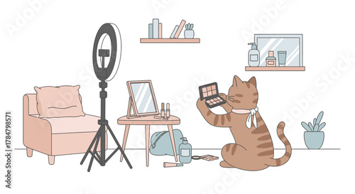 Cartoon cat applying makeup in front of ring light and vanity, creating a humorous and relatable scene.