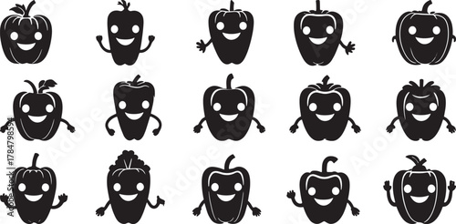 Cute bell pepper cartoon characters with smiling faces and arms silhouette vector illustration set