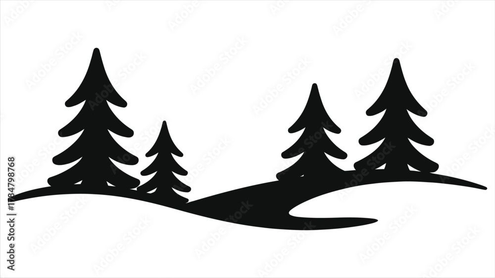 Obraz premium Minimal winter landscape vector illustration with black silhouette pine trees on snowy hills, simple forest scene design ideal for Christmas backgrounds, seasonal cards, and holiday decorations.