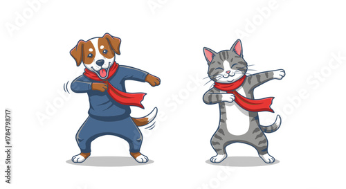 Cartoon illustration of a dog and a cat dabbing, wearing red scarves and blue outfits.