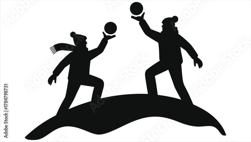 Winter Snowball Fight Silhouette Vector of Children Playing on Snowy Hill, Fun Outdoor Kids Activity Illustration for Seasonal Design, Christmas, Holiday Cards, Posters, or Winter Celebration Graphics