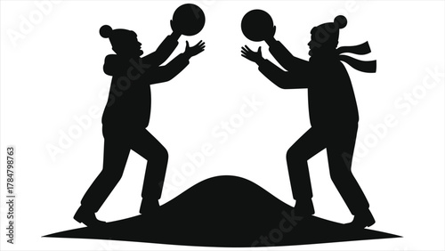 Winter fun vector illustration of two people playing with snowballs, black silhouette design showing joyful outdoor snow fight activity, perfect for seasonal, holiday, and Christmas themed projects