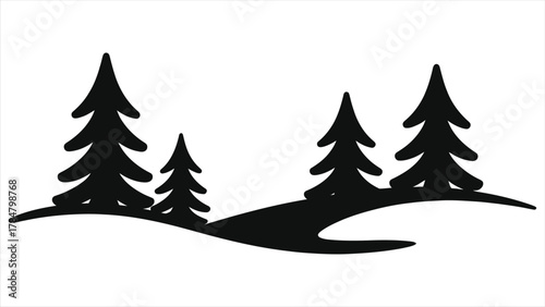 Minimal winter landscape vector illustration with black silhouette pine trees on snowy hills, simple forest scene design ideal for Christmas backgrounds, seasonal cards, and holiday decorations.