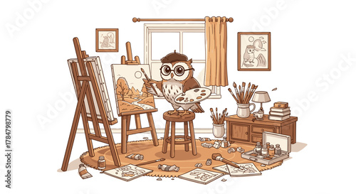 An owl artist in a studio, painting a landscape on a canvas, surrounded by art supplies.