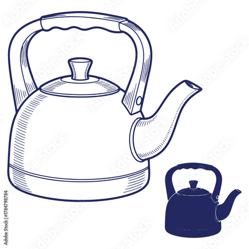 Detailed line art drawing of a classic stovetop kettle perfect for tea time and kitchen illustrations in a vintage style