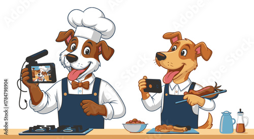 Two cartoon dogs as chefs, one filming with a video camera, the other cooking sausages and recording with a smartphone, illustrating food vlogging.