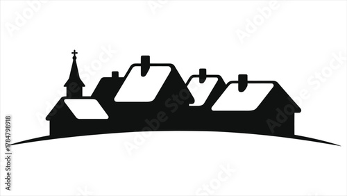 Winter village silhouette vector. Black and white icon of houses with snow-covered roofs and a church. Minimalist illustration for Christmas, holiday, or community themes.