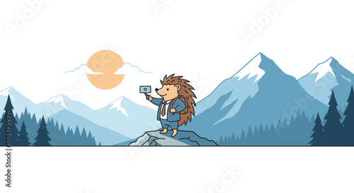 Cartoon hedgehog in a suit takes a selfie on a mountain peak with a scenic landscape backdrop.