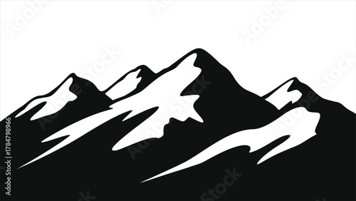 Minimalist black and white vector mountain range. Stylized graphic illustration of snowy peaks, ideal for winter logos, icons, and alpine adventure designs.