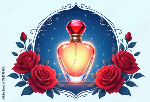 Luxurious Perfume Bottle Surrounded By Vibrant Red Roses