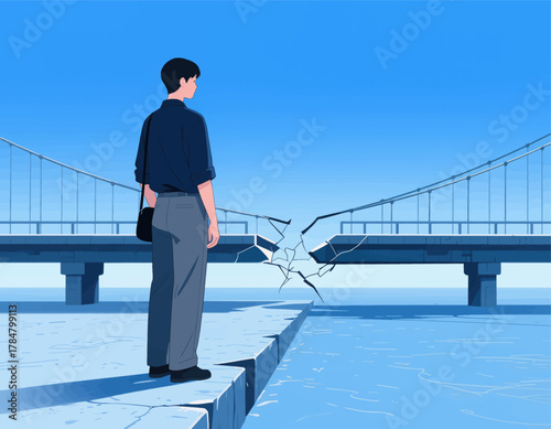 Man Standing at Broken Bridge Edge