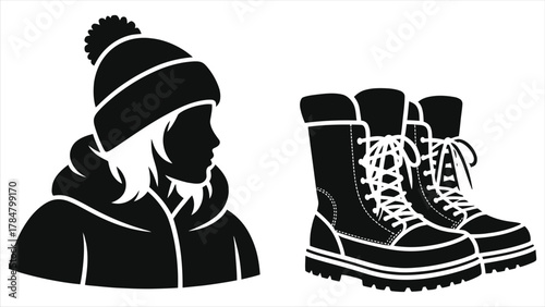 Black silhouette vector of a woman wearing a winter jacket and knit hat, next to heavy-duty snow boots. Cold weather fashion, hiking, and outdoor gear graphic set for apparel design.