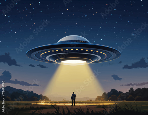Man Stands in Field as UFO Illuminates Night Sky
