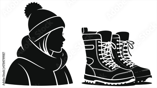 Black and white vector silhouette of winter hiking boots and a person wearing a knit hat, cold weather clothing and apparel icon set for outdoor activities and fashion design.
