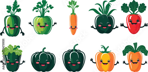 Cute cartoon vegetables with happy faces and arms including pepper and carrot vector illustration set