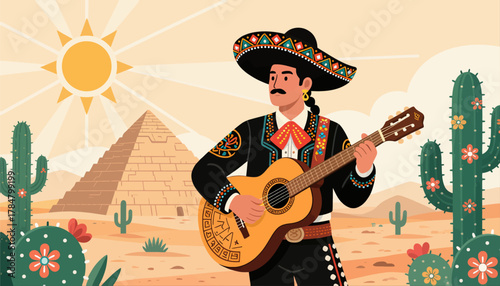 Mexican Musicians Playing Guitar in Desert Landscape with Cacti