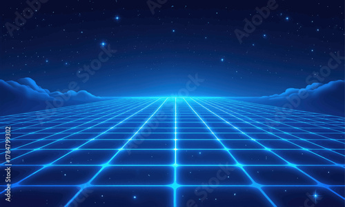 Neon Grid Road Under Starry Night Sky