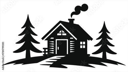 Winter cabin vector illustration of cozy wooden house with smoke chimney in pine forest, black and white silhouette design, peaceful snowy landscape, rustic lodge in nature, seasonal holiday concept 