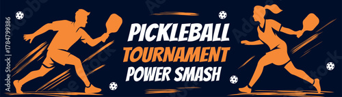 Vector banner for the Open Pickleball Tournament. Dynamic silhouettes of a man and woman, a vibrant palette create a modern, scalable design. Suitable for advertising, pickleball clubs, competitions