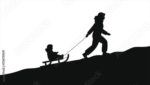 Mother and child sledding silhouette. Vector illustration of a parent pulling a kid on a sledge up a winter hill. Black and white icon for family fun and recreation.