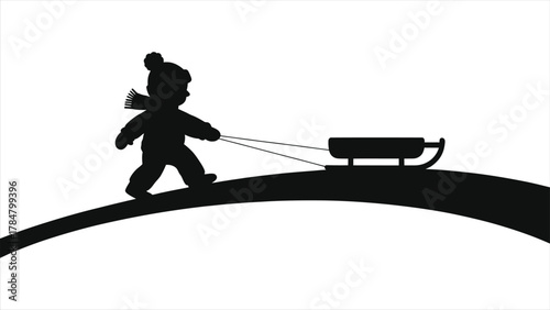 Winter season vector silhouette of child pulling sled uphill on snowy slope, kid in warm clothes playing outdoors in cold weather, winter fun illustration for holiday design, family activity concept a