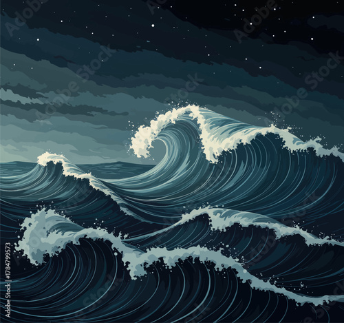 Powerful ocean waves under starry night sky
