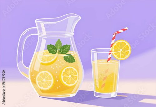 Refreshing Lemonade in Pitcher with Glass and Straw