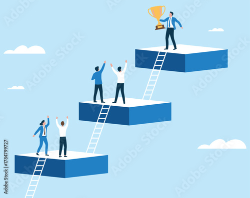Business team climbing ladder to success and achievement. Leadership concept with people reaching trophy on podium.