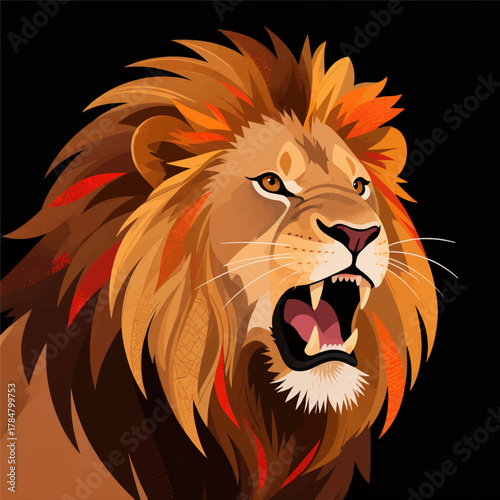 Roaring Lion with Vibrant Mane in Bold Illustration Style