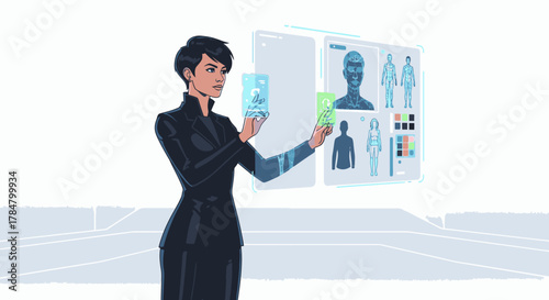 A woman in a black suit interacts with a futuristic holographic display showing a human anatomy scan and customization options.