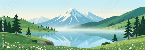 Serene mountain lake reflection with wildflowers and evergreen trees