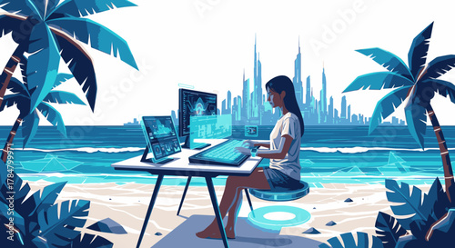 A woman works remotely on a futuristic beach with a city skyline in the background, illustrating a digital nomad lifestyle.