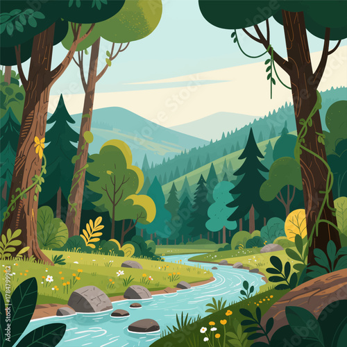 Serene Forest River Flowing Through Lush Green Valley